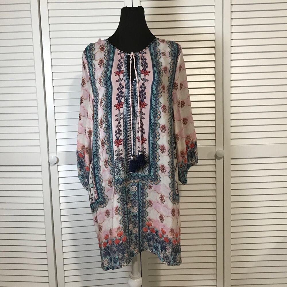 Tolani Bohemian Silk Panel Print Relaxed Flowy Tunic Shift Mini Dress S